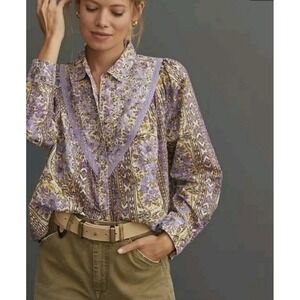 Pilcro Anthropologie Small Button Down Top Peasant Blouse Yellow Lavender Floral
